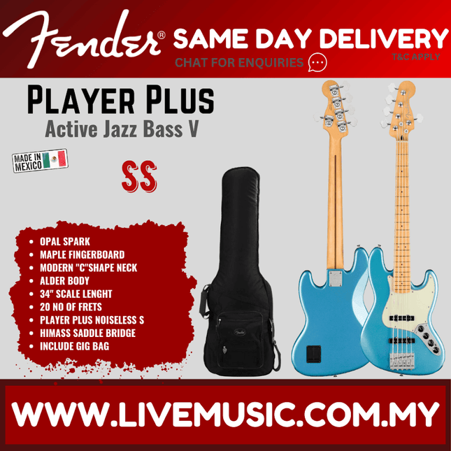 Fender Player Plus Jazz Bass V Guitar, Maple Fretboard - Opal Spark