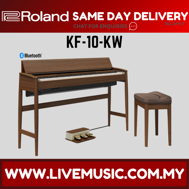 Walnut digital piano and bench, KF-10-KW, red same-day delivery banner