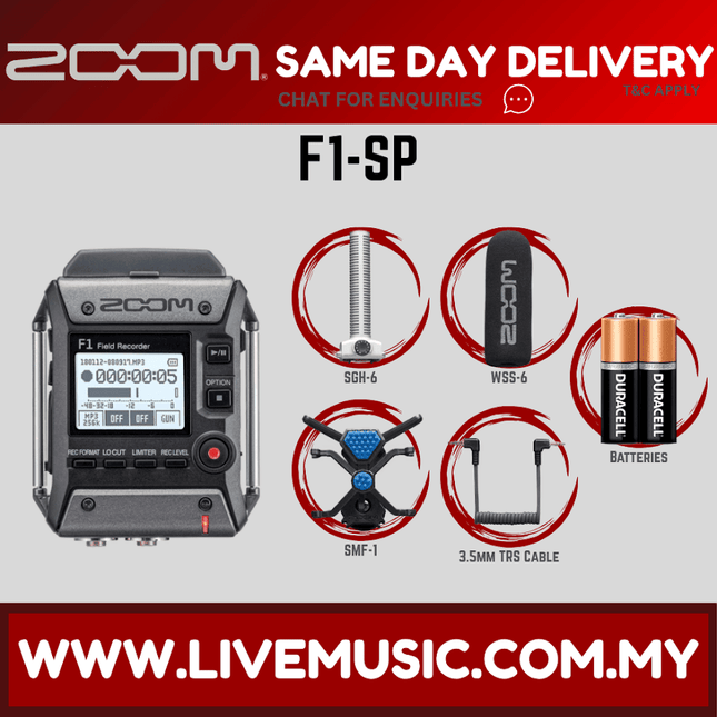 Zoom F1-SP field recorder with shotgun microphone and included accessories diagram