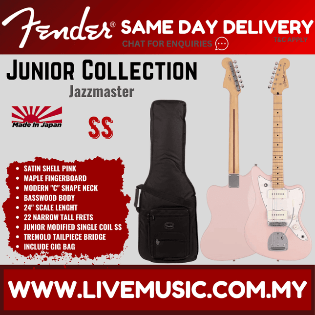 Fender Japan Junior Collection Jazzmaster Electric Guitar, Maple FB, Satin Shell Pink