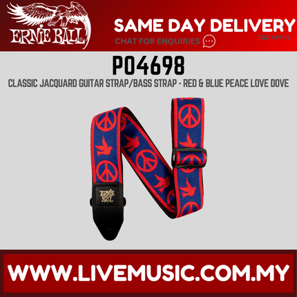 Ernie Ball 4698 Jacquard Guitar Strap, Red and Blue Peace Love Dove