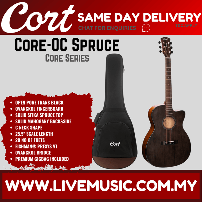Cort Core-OC Spruce Acoustic-Electric Guitar with Bag - Open Pore Trans Black (CoreOC/CORE)