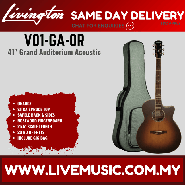 Livingston V01-GA 41" Solid Top Acoustic Guitar, Rosewood FB, Orange / Natural / Black ( V01 GA V01GA )