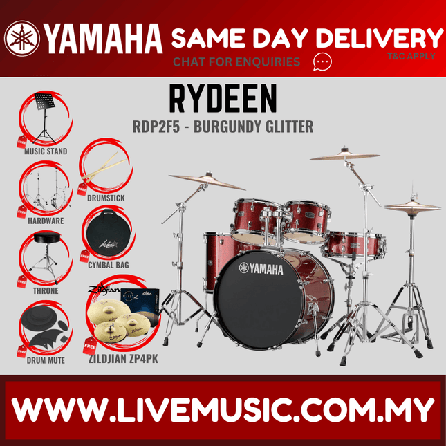 Yamaha Rydeen 5-piece RDP2F5 Acoustic Drum Set with Zildjian ZP4PK Planet Z Cymbal Set/Drum Mute/Drumsticks/Drum Stool ( RDP2F5 )