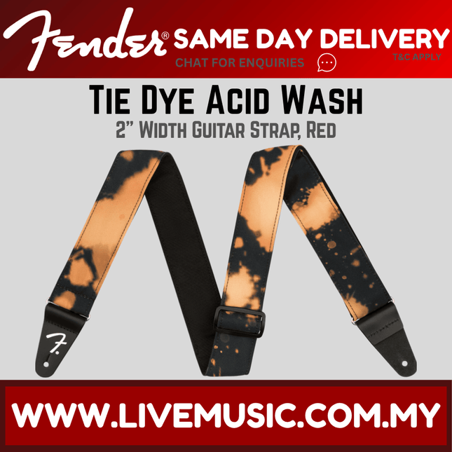 Black tie-dye guitar strap with tan/orange splatter, leather ends, adjustable buckle