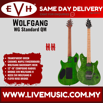 EVH Wolfgang WG Standard QM Electric Guitar, Baked Maple FB, Transparent Green