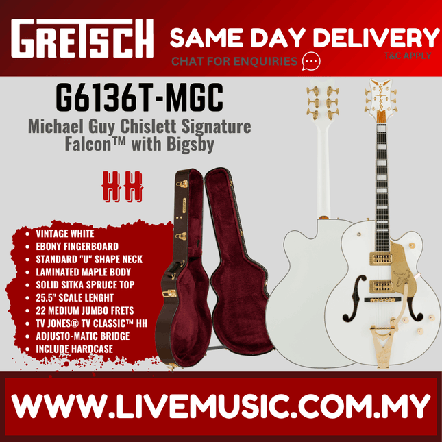 Gretsch G6136T-MGC Michael Guy Chislett Signature Falcon Electric Guitar w/Bigsby, Ebony FB, Vintage