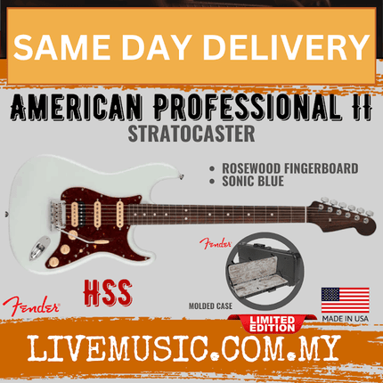 Fender Ltd Ed American Professional II HSS Stratocaster Electric Guitar, RW FB, Sonic Blue