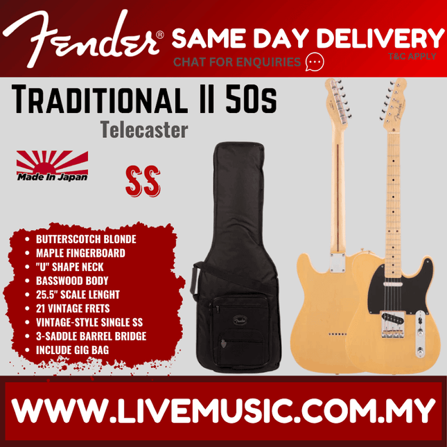 Fender Japan Traditional II 50s Telecaster Electric Guitar, Maple Fretboard with FREE Gig Bag - Butterscotch Blonde