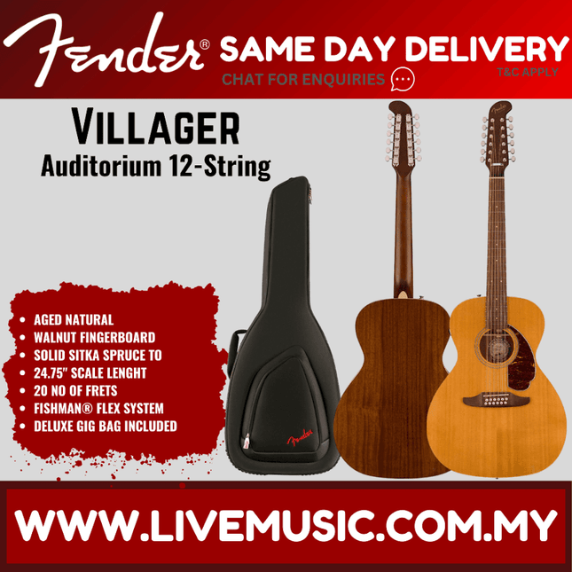 Fender Villager 12-String Acoustic Guitar w/Bag, Walnut FB, Aged Natural