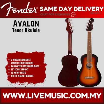 Fender Avalon Tenor Ukulele, Walnut FB, Surf Green / Natural / Cherry / Daphne Blue / Sunburst / Black