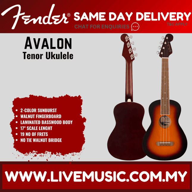 Fender Avalon tenor ukulele with 2-color sunburst finish and walnut fingerboard.