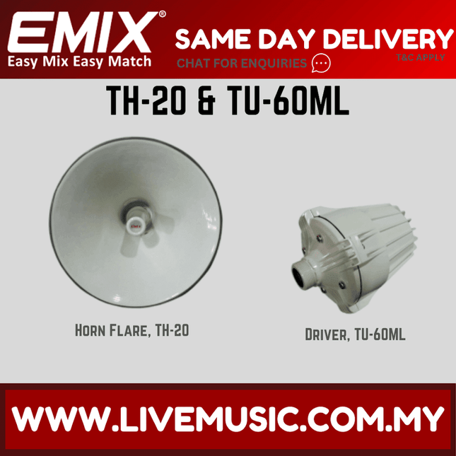 Outdoor horn speaker components: TH-20 horn flare and TU-60ML driver, silver/gray