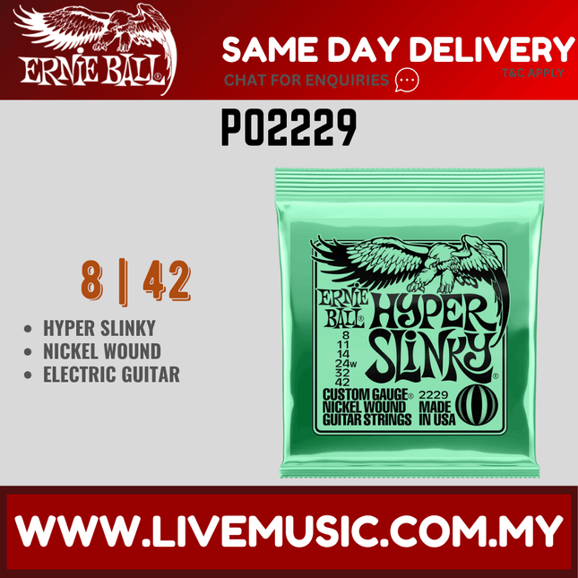 Ernie Ball 2229 Hyper Slinky Nickel Wound Electric Guitar Strings, 8-42 Gauge