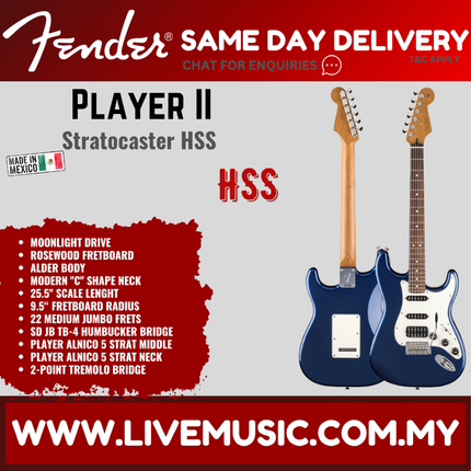 Fender Player II Stratocaster HSS Electric Guitar, RW FB, Moonlight Drive