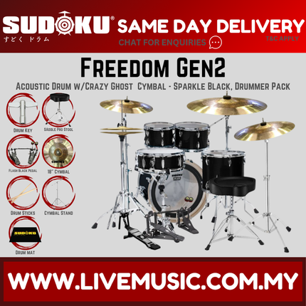 Sudoku Freedom Gen2 Acoustic Drum Set w/Ghost Cymbals, Throne, Pedal - Drummer Pack