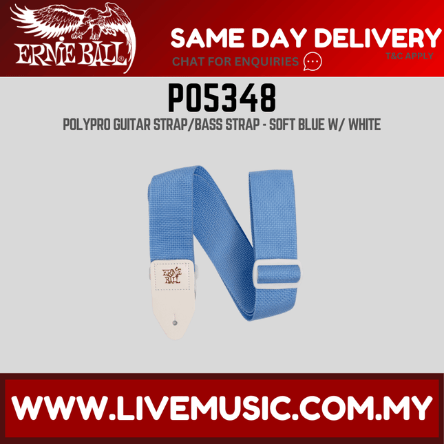 Ernie Ball 5348 Polypro Guitar Strap With Leather Ends, Soft Blue and White