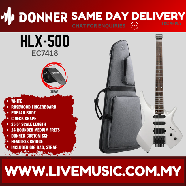 Donner EC7418 HLX-500 Headless Electric Guitar w/Gigbag, Rosewood Fingerboard, White ( HLX500 / HLX5000 )