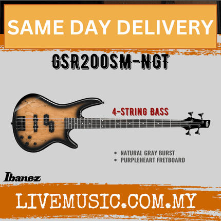 Natural gray burst 4-string electric bass with black hardware and maple neck