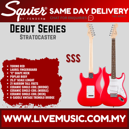 Squier Debut Series Stratocaster Electric Guitar, Laurel FB, Torino Red