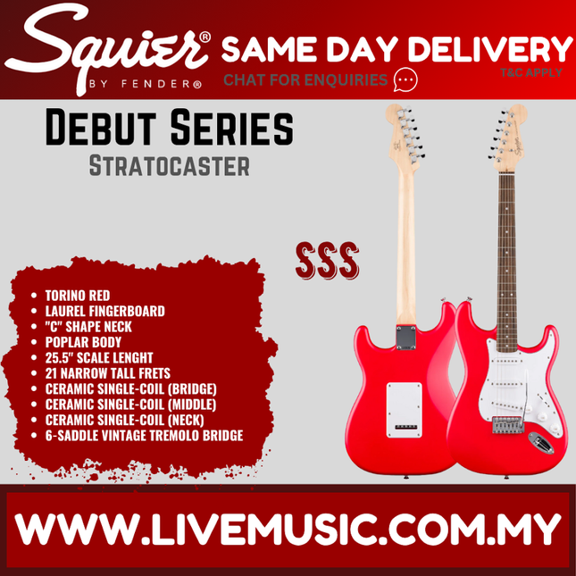 Squier Debut Series Stratocaster Electric Guitar, Laurel FB, Torino Red