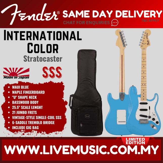 Fender Japan Limited International Color Stratocaster Electric Guitar, Maple FB, Maui Blue