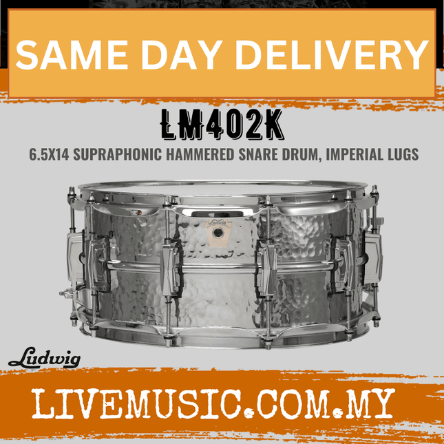 Ludwig LM402K 6.5x14in Supraphonic Chrome-Plated Aluminium Snare Drum, Hammered Shell, Imperial Lugs