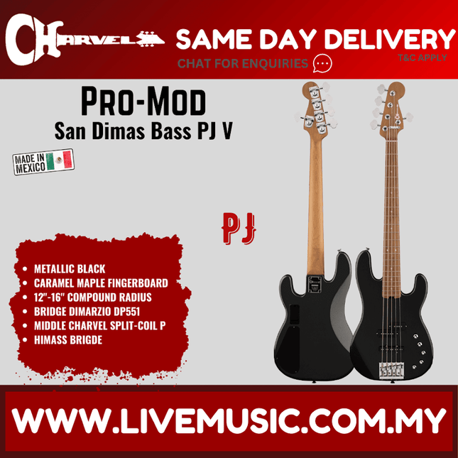 Charvel Pro-Mod San Dimas Bass PJ V Bass Guitar, Maple FB, Metallic Black