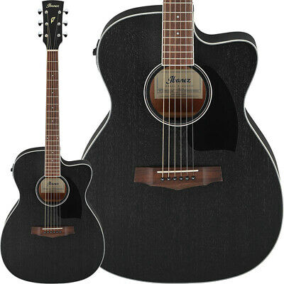 Weathered black acoustic-electric guitar with inset headstock view