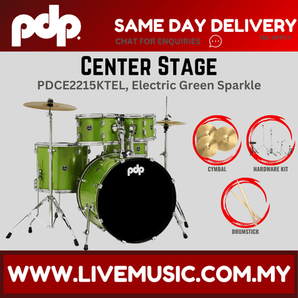 PDP Center Stage 5-piece Complete Drum Set with Hardware, Stool and Cymbal - Electric Green Sparkle ( PDCE2215KT )