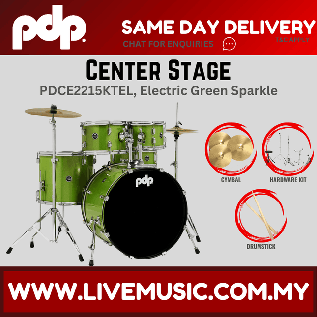 PDP Center Stage 5-piece Complete Drum Set with Hardware, Stool and Cymbal - Electric Green Sparkle ( PDCE2215KT )