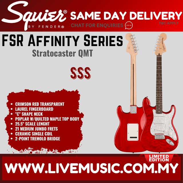 Squier FSR Affinity Series Stratocaster QMT Electric Guitar, Laurel FB, Crimson Red Transparent