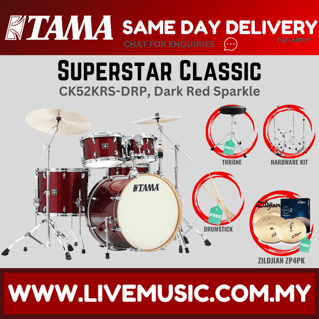5-piece drum set with cymbals, dark red sparkle wrap, cream bass drum