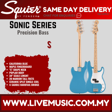 Squier Sonic Precision Bass Guitar w/White Pickguard, Maple FB, California Blue