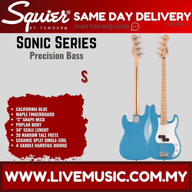 Squier Sonic Precision Bass Guitar w/White Pickguard, Maple FB, California Blue