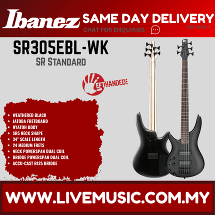 Ibanez SR305EBL-WK Left-Handed Bass Guitar, Weathered Black (SR305EBL WK / SR305EBLWK )