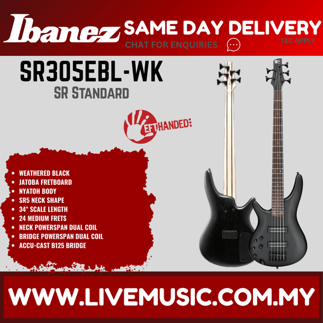 Ibanez SR305EBL-WK Left-Handed Bass Guitar, Weathered Black (SR305EBL WK / SR305EBLWK )