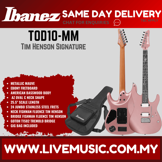 Ibanez TOD10 Series Tim Henson Signature Electric Guitar, Classic Silver/Metallic Mauve ( TOD10-CSV / TOD10-MM / TOD-10 )