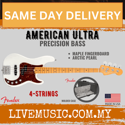 Fender American Ultra Precision Bass Guitar, Maple Fretboard with Case - Arctic Pearl