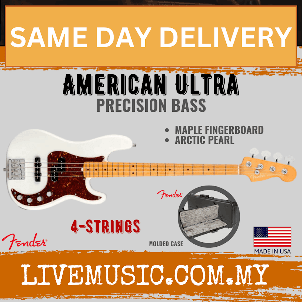 Fender American Ultra Precision Bass Guitar, Maple Fretboard with Case - Arctic Pearl