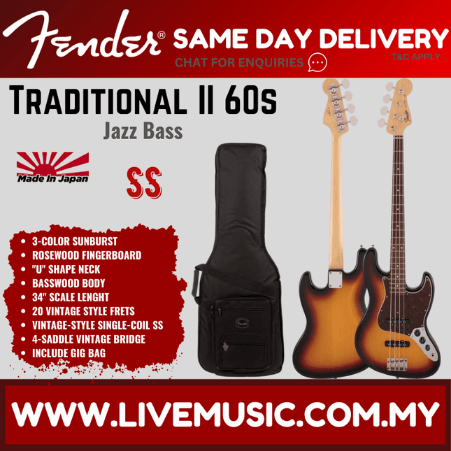 Fender Japan Traditional II 60s Jazz Bass Guitar, Rosewood Fretboard with FREE Gig Bag - 3-Tone Sunburst