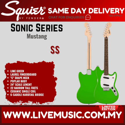 Squier Limited Edition Sonic Mustang Electric Guitar w/White Pickguard, Laurel FB, Lime Green