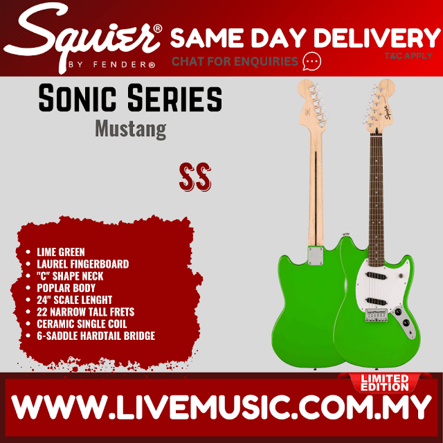 Squier Limited Edition Sonic Mustang Electric Guitar w/White Pickguard, Laurel FB, Lime Green