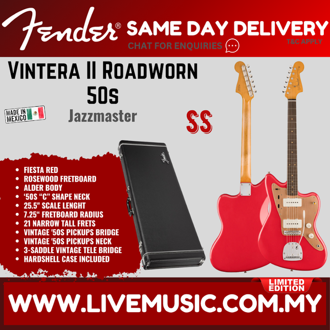 Fender Limited Edition Vintera II Roadworn 50s Jazzmaster Electric Guitar, RW FB, Fiesta Red