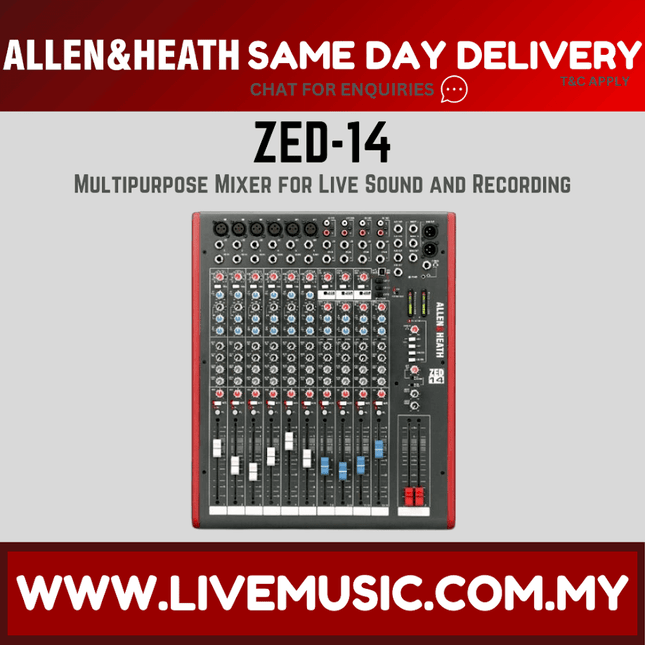 Allen & Heath ZED-14 mixer with USB, front panel with faders and knobs