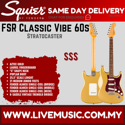 Squier FSR Classic Vibe 60s Stratocaster Electric Guitar, Laurel FB, Aztec Gold