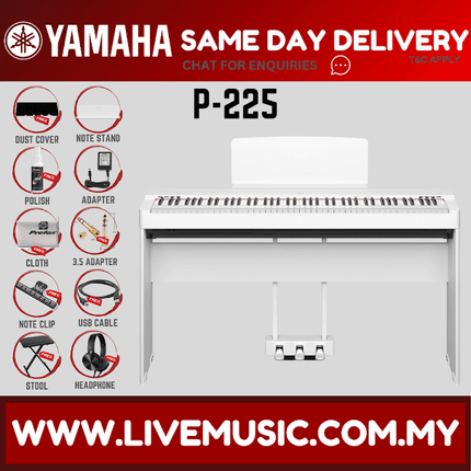 Yamaha P-225 88-Key Digital Piano With Keyboard Bench, Headphone And Adapter - White ( P225 P 225 P125 P 125 )