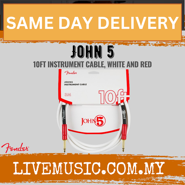 Fender John 5 10FT Instrument Cable, White and Red