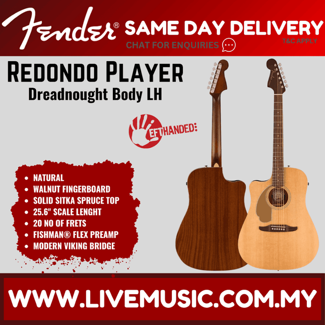 Fender California Redondo Player Left-Handed Acoustic Guitar, Walnut FB, Natural