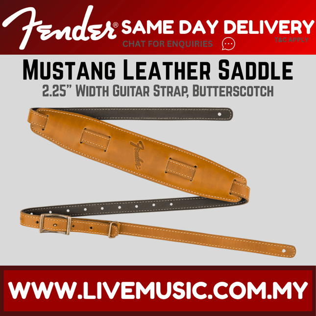 Butterscotch leather guitar strap with dark back and stitched detailing, buckle ends